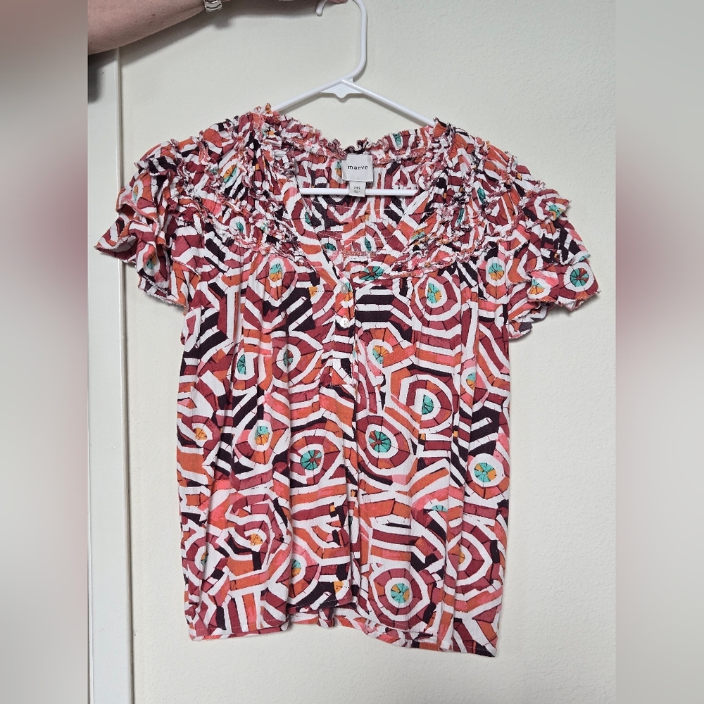 Maeve Multicolor Geo-Print Short Sleeve Peasant Top